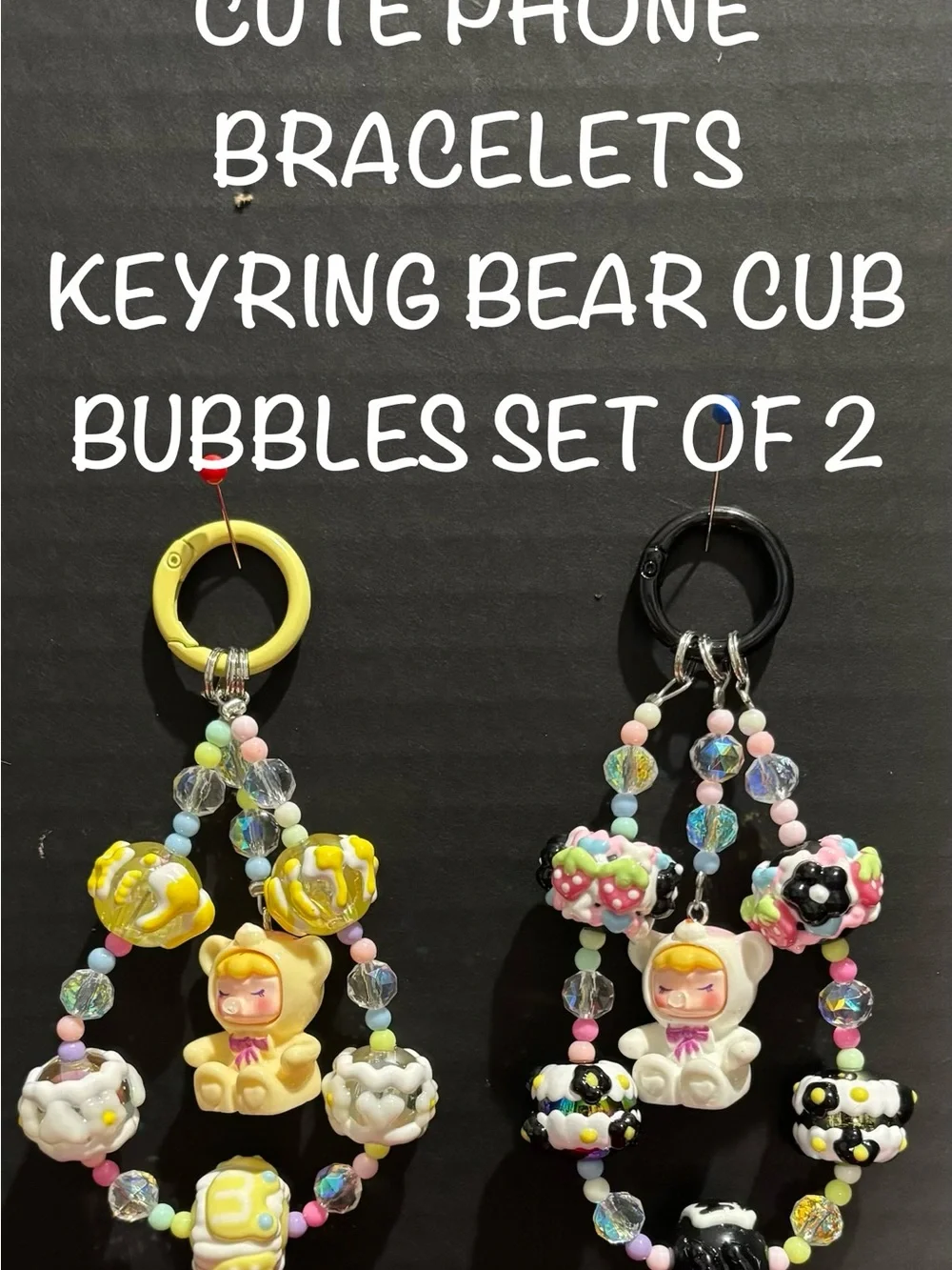 Cute Bear Bubble Phone Bracelet Land-yard Keyring Set of 2 - Yellow & Black
